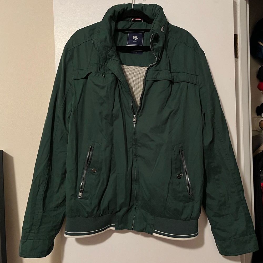 Old Taylor Green Jacket with concealed navy hood.